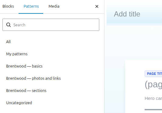 The Patterns tab showing three Brentwood categories: basics, photos and links, sections